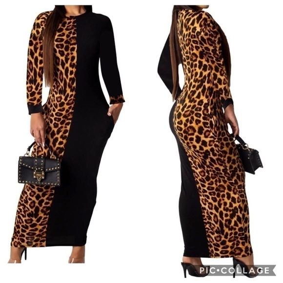 1 Left! Color Block Leopard & Black Maxi Dress - Picture 3 of 3